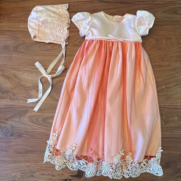 The Rain Kids Corp Custom Dyed Lace Satin Tulle Overlay Dress with Bonnet - Picture 2 of 12